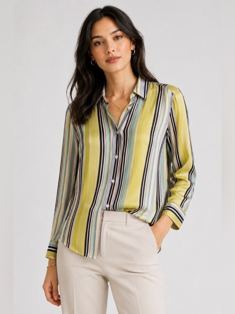Ishyu 100% Silk Striped Button Down Blouse Multicolor Women’s Size 2 Yellow
